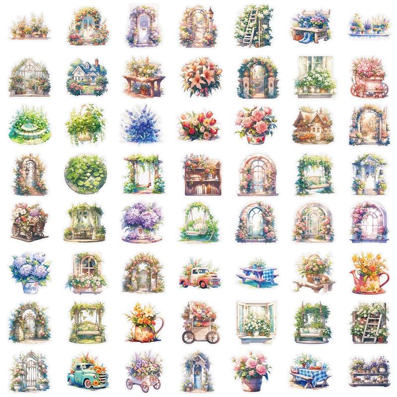56PCS Kawaii Flower House PET Sticker Aesthetic Decoration Scrapbooking Stationery DIY Hand Accounting Supplies for Kids
