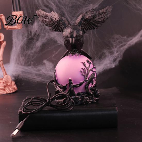 Purple LED Night Light Gothic Crow Lamp, with Ball, Resin Halloween Light, Party Decor USB Powered Dark Style Statue for Bedroom Living Room