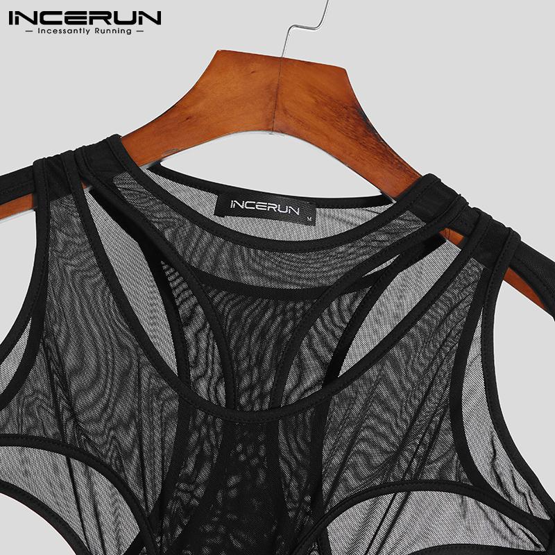 INCERUN Летние прозрачные мужские модные рубашки с длинными рукавами и жилет, комбинезон, трико, облегающие секст-клубные боди, S-5XL