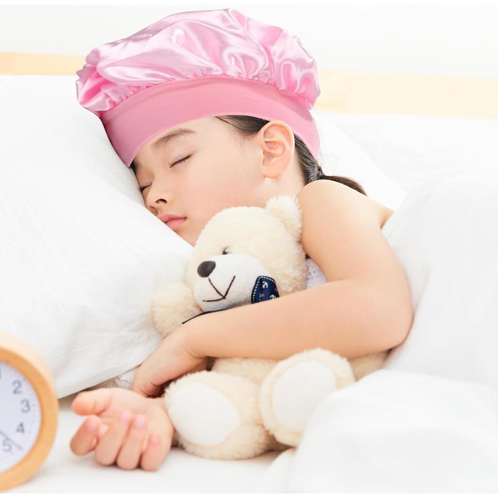 3 Pcs Kids Silk Bonnet for Sleeping, Satin Hair Bonnet for Girls Boys, Soft Sleep Cap for Toddlers Teens, Black Blue Pink