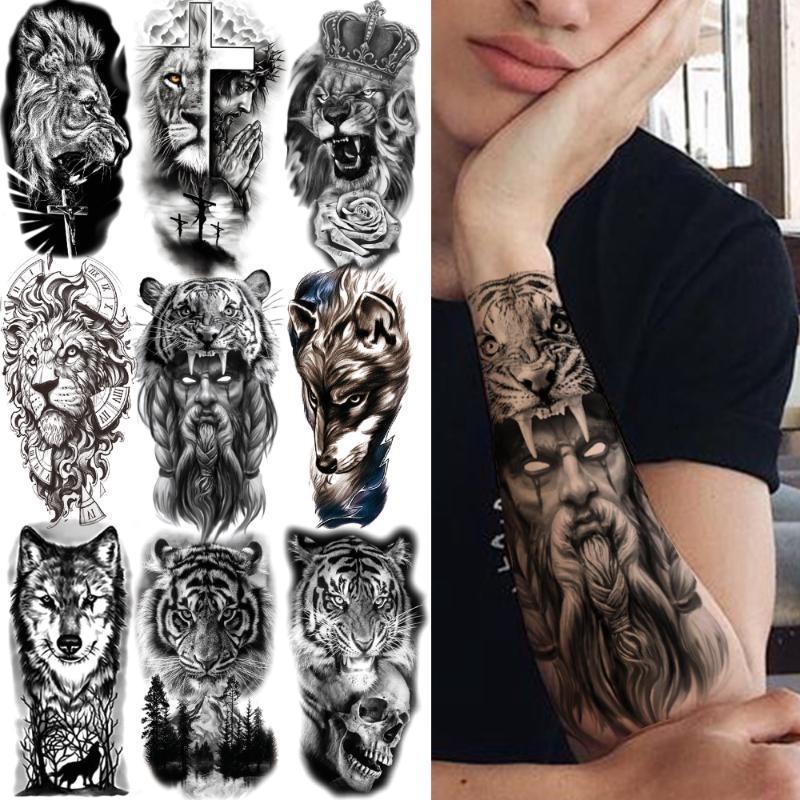 1 PC 210*114MM Cat Geometry Black Temporary Tattoos For Men Women Black Forest Skull Tiger Wolf Tattoo Sticker Evil Devil Arm Tattoo