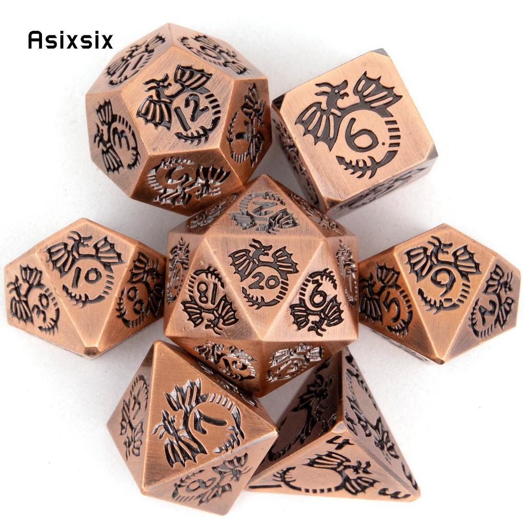 7 Pcs Copper Dragon Metal Dice Solid Metal Polyhedral Dice Set Suitable for Role-Playing RPG  Board Game Card Game