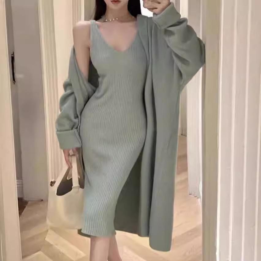 2024 Women's V-Neck Long Knitted Cardigan & Strap Dress Set