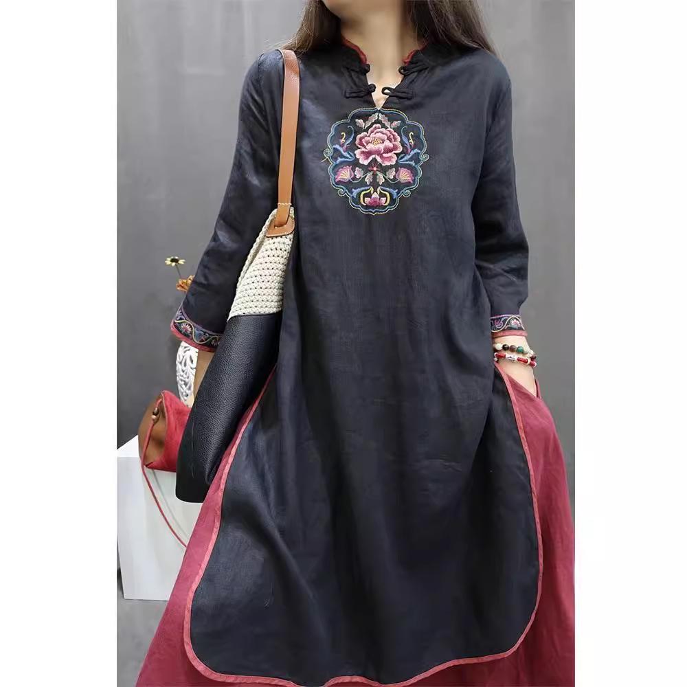 «Летнее платье-ципао из хлопка и льна с вышивкой»