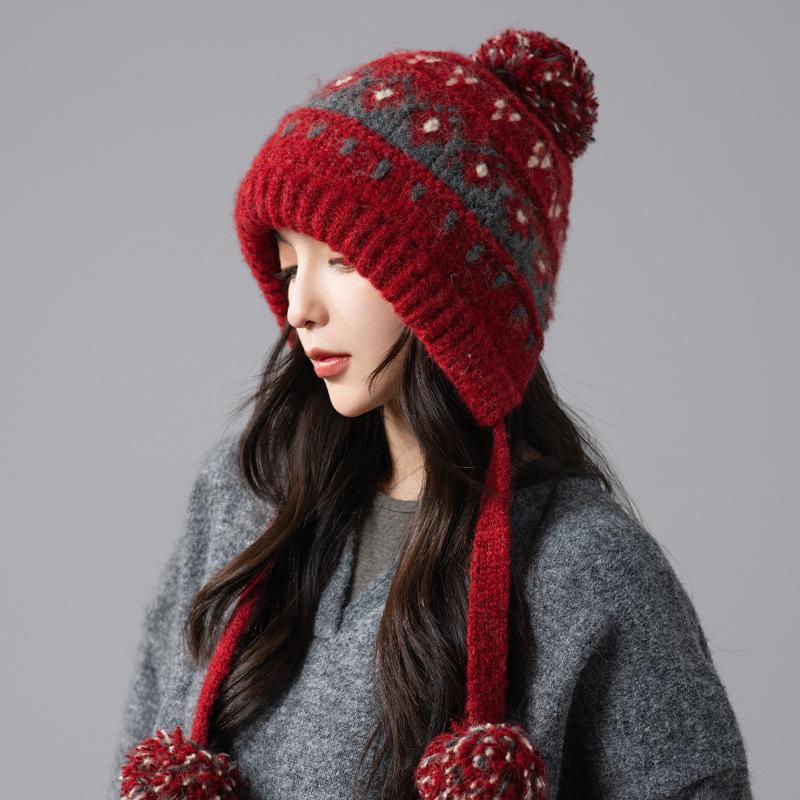 Повязка Красная Шляпа Женская Осень и Зима Ретро Вязаная Шерстяная Шапка Уличная Теплая Лысая Шапка