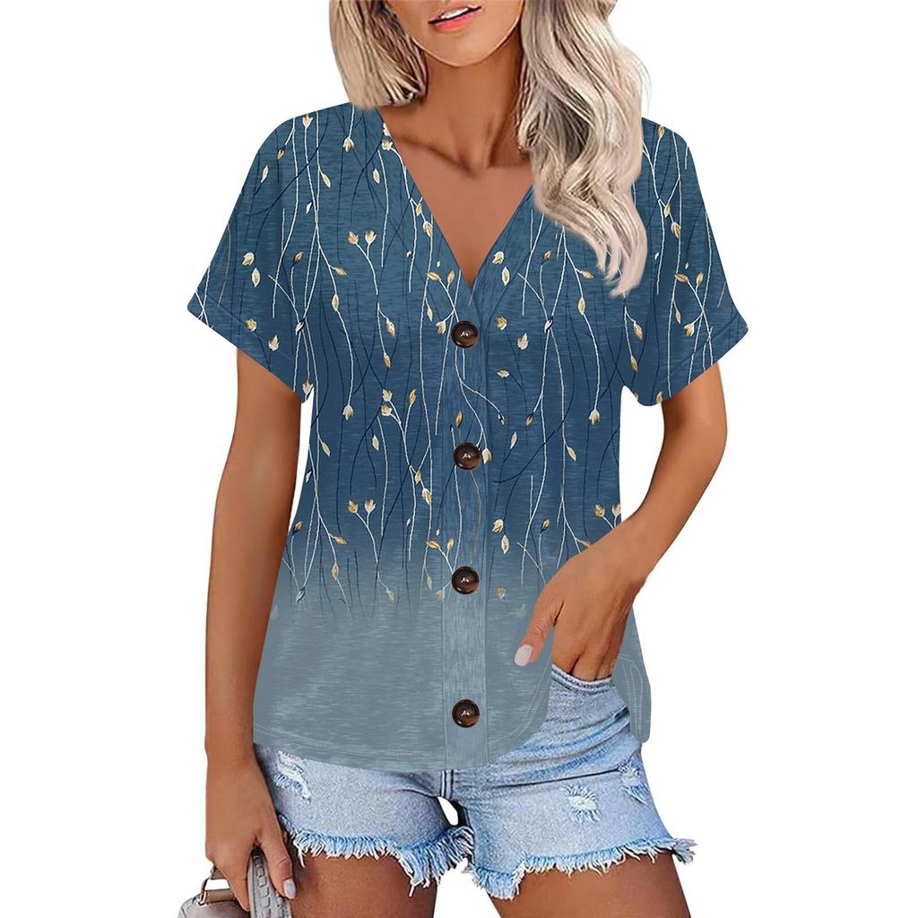 Женская модная повседневная футболка с короткими рукавами и V-образным вырезом, цветочным принтом и застежкой на пуговицы