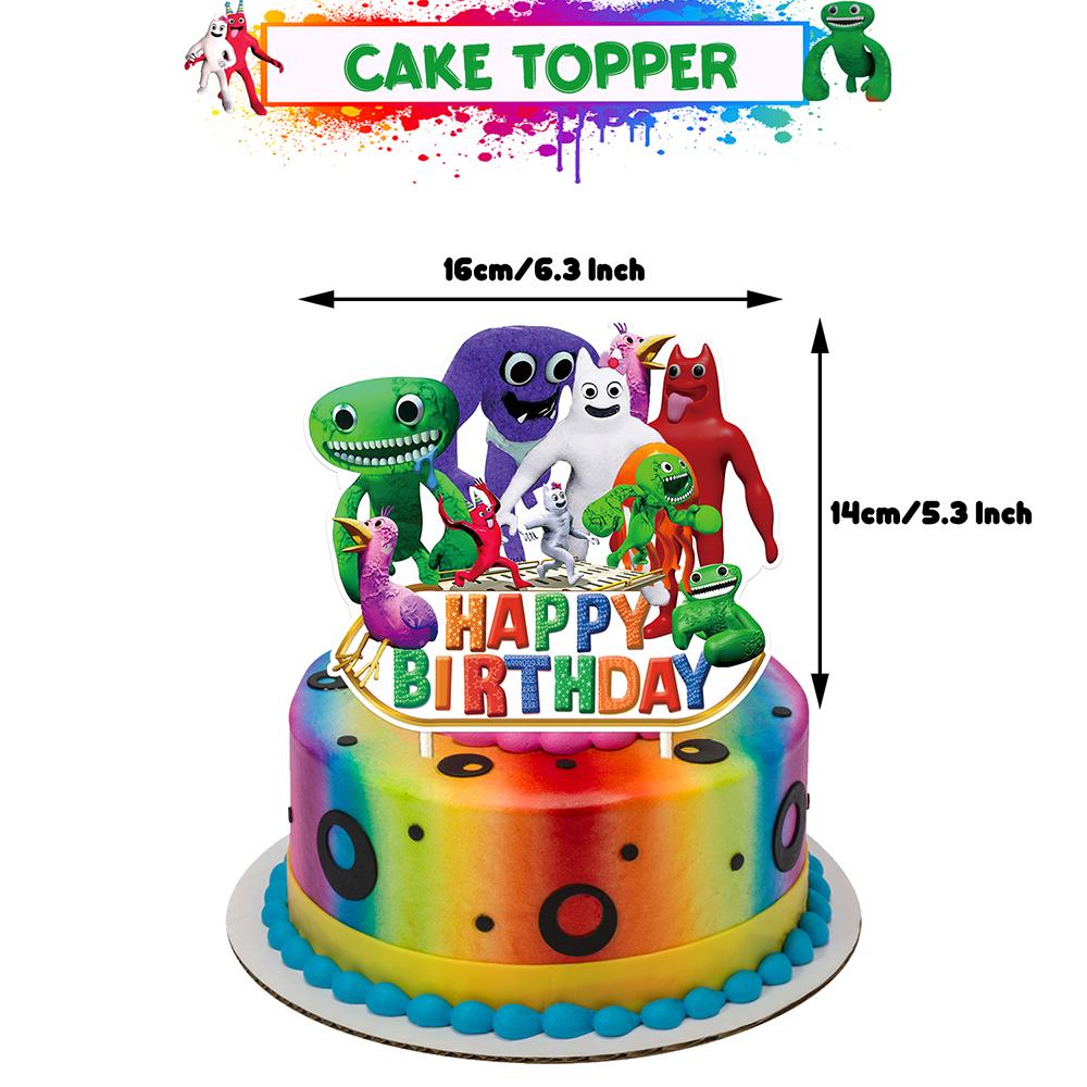 Декорации для тематической вечеринки «Сад Банбана» включают воздушные шары для торта и баннера.