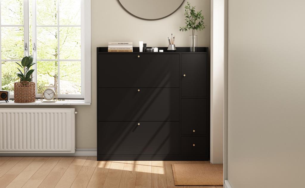 Versatile Tilt Shoe Cabinet with 3 Tilt-Out Drawers, Storage Entryway Organiser, Free-Standing Shoe Rack with Fold-Down Bench, Black, 119*24*122