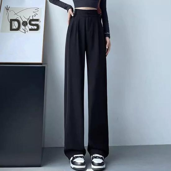 Women Pants High Waist Straight Wide Leg Trousers with Pockets Button Zipper Fly Solid Color Loose Fit Suit Pants Work Wear