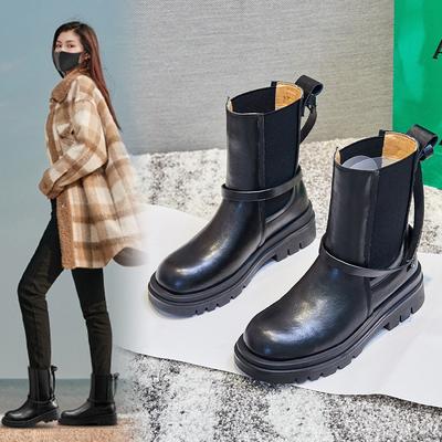 Ботинки Женские Зимние Новые Кожаные Ботинки-сигареты Полусапоги Женские Челси Флисовые Ботинки Мартин