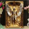 Винтажная ретро металлическая жестяная табличка с рельефом Архангела Михаила, религиозное искусство, HD печать на жести, с золотисто-серебристым доспехом и крыльями