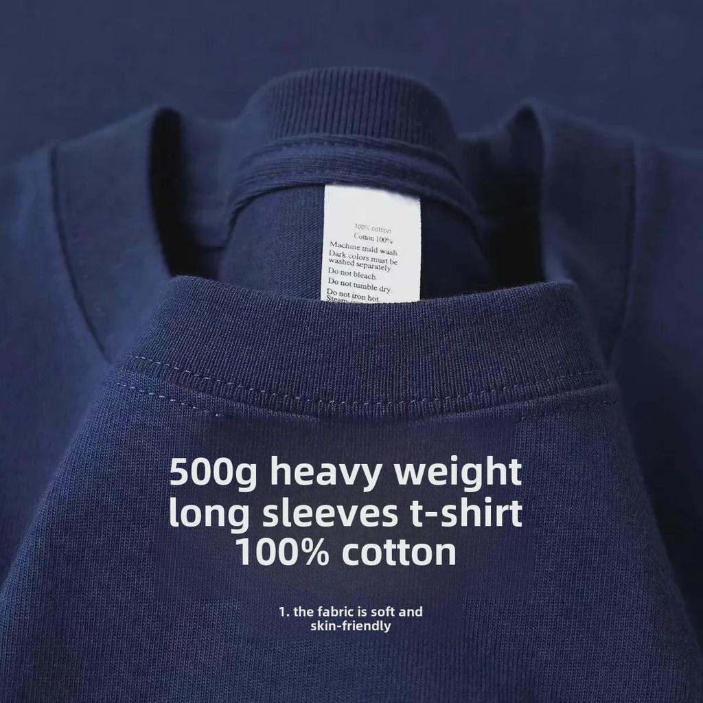 Футболка унисекс из плотного хлопка с длинным рукавом, однотонная: Непрозрачный, свободный крой, небольшой воротник, идеально подходит для весны и осени.