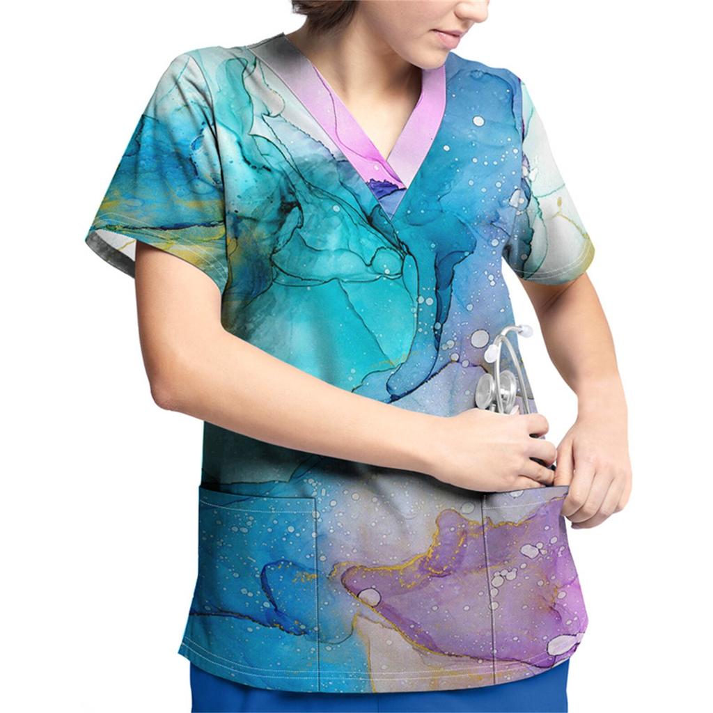 Plus Size Printed Scrub Working Uniform Tops For Women V-Neck Short Sleeve T-Shirts Workwear Tee With Pockets