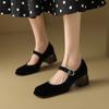 2024 Spring Fashion Single Shoes Women's New Elegant Black Sheep Velvet Mid-high Heels Ladies All-Match Buckle Mary Jane Shoes