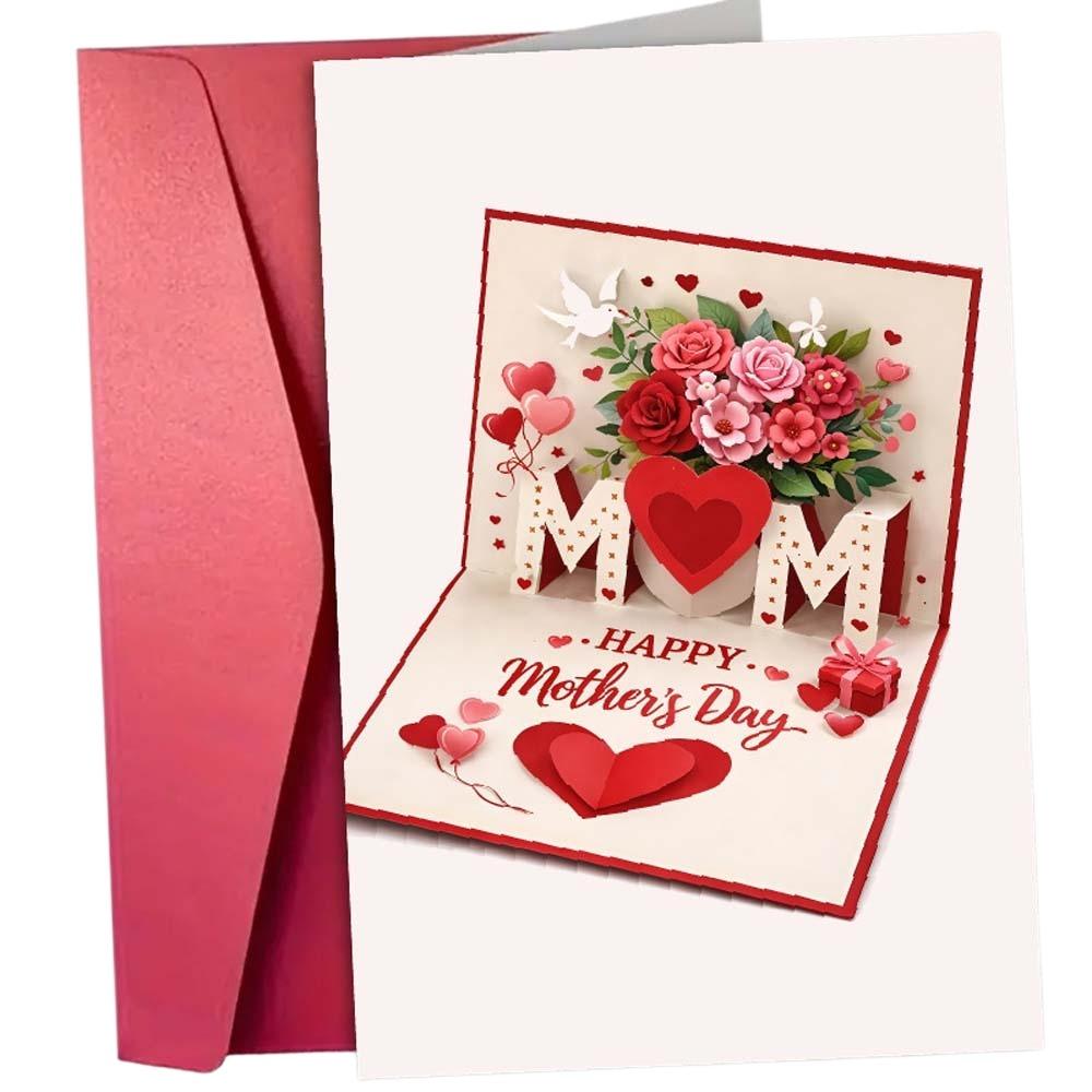 Imitation 3D Mother's Day Greeting Card Gift Box Printed with the Words Happy Birthday Card Rose Heart Patterns Surprise