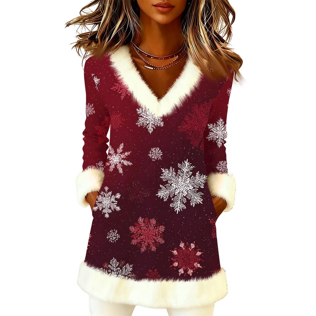Women's Christmas Fashion Plush V-Neck Pullover Printed Long-Sleeved Top