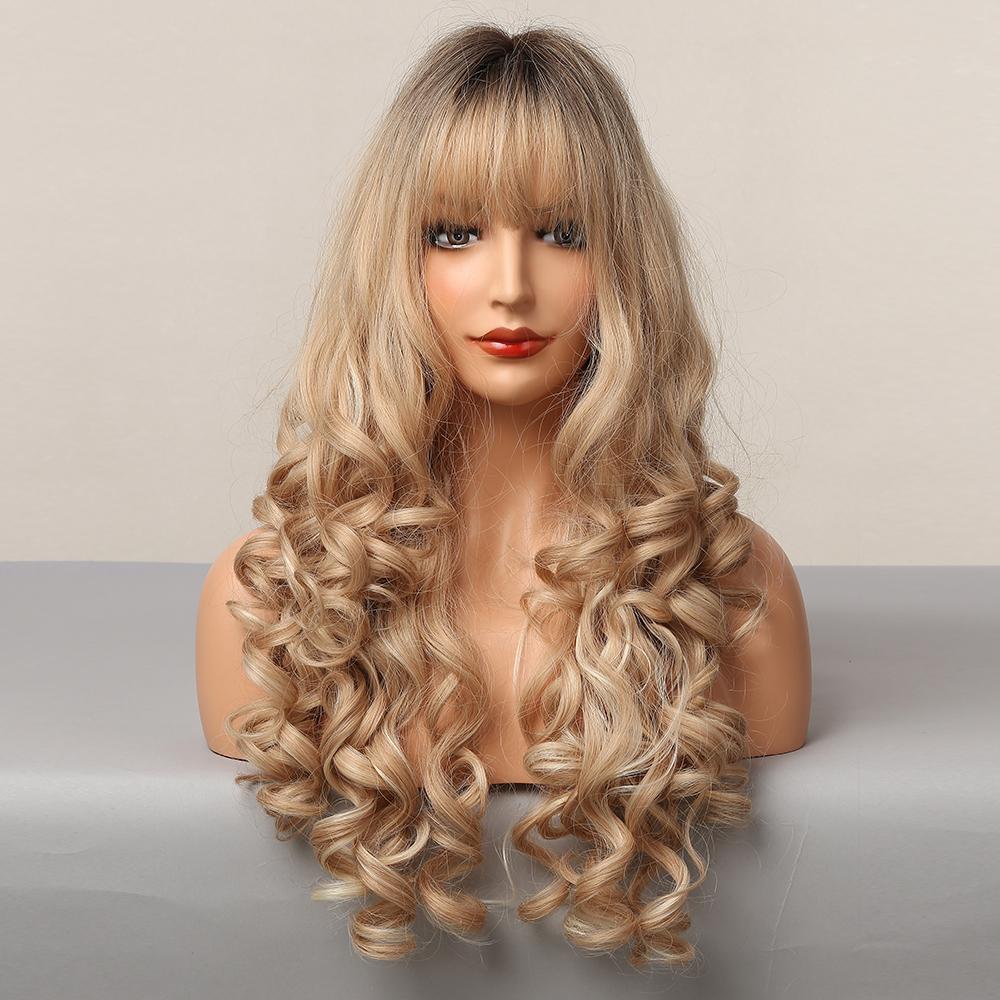 Длинные светлые синтетические парики с глубокой волной и челкой, парики из вьющихся волос для женщин, ежедневные парики, термостойкие