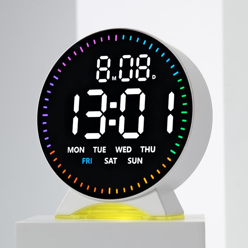 LED Digital Alarm Clock Week Date Second Hand Display Brightness Adjustable 2 Alarms Table Ambient Light 12/24H Electronic Clock