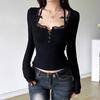Black Simple Women's T-shirts Lace Long Sleeve Square Neck Girls Y2K Tops Fashion Lady Street Wear