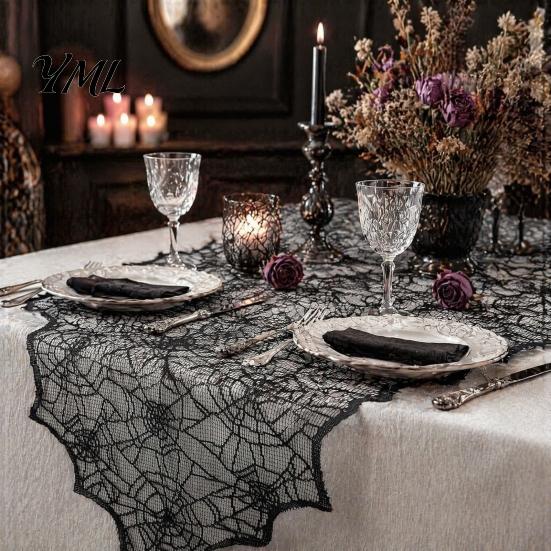 Decorative Table Accessories Spider Web Runner, Black Lace Gothic Tablecloth Cobweb Runner for Halloween Dining Decoration