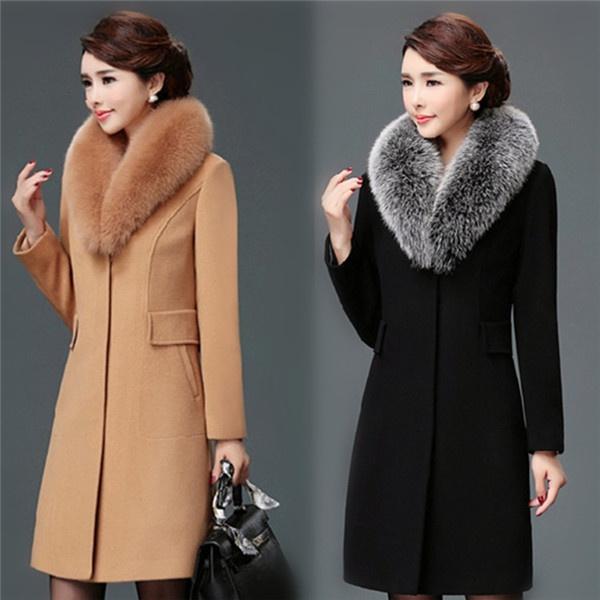 Big Fur Collor Women Woolen Coat Black Long Trench Coat Jacket Slim Wool Blend Coat Elegant Casual Jacket Vintage Gothic Jacket