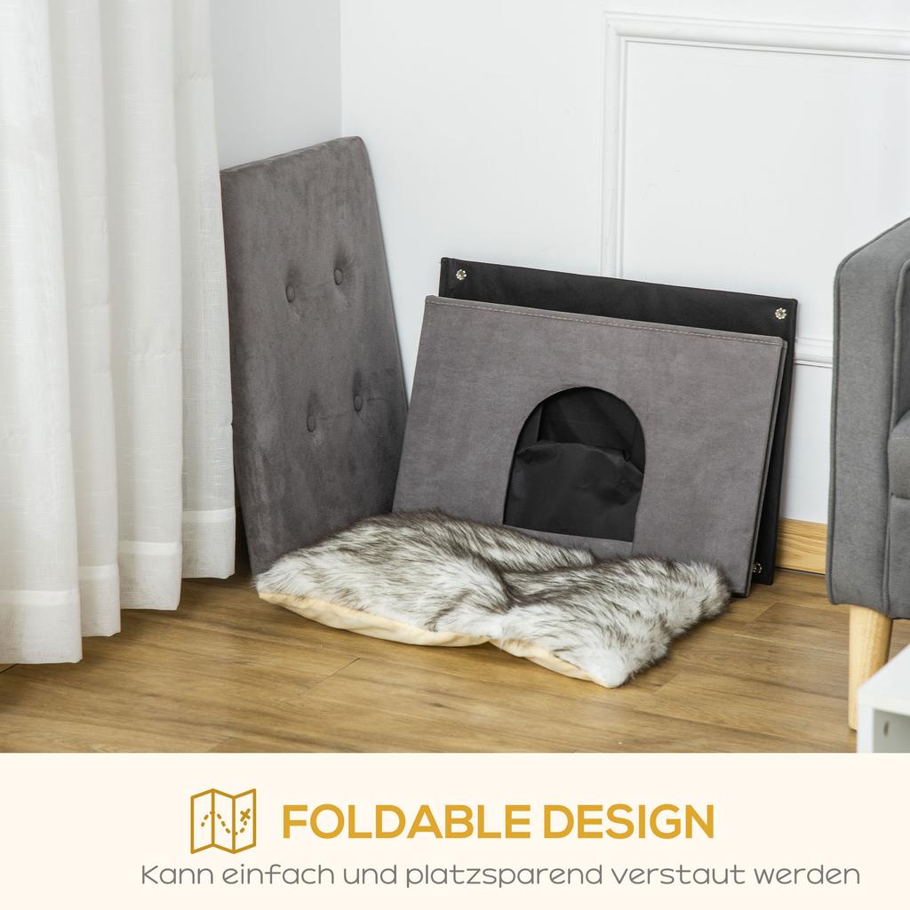 Cat Cave Cat Bed 2-in-1 Cat House Footstool with Cushion Wooden Legs Cat Tent Pet House Gray 60 x 45 x 44.5 cm