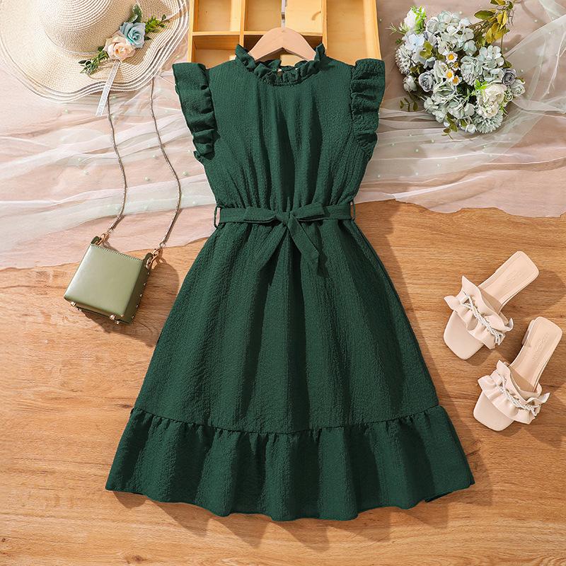 7-12 лет Девочки Платье Летние Новые Платья Модные Рукава-Летки Завязки Текстура Тонкий Темперамент Платье Принцесса Платья