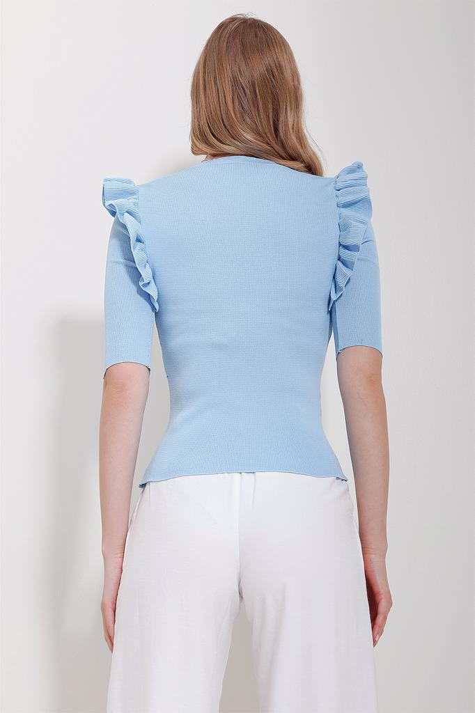 Women's Blouse New Season Fashion Black V-Neck Sleeves Ruffle Knitwear Blouse