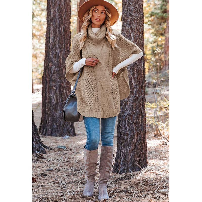 High Neck Knitted Shawl Crochet Fried Dough Twists Pattern Women's Loose Pullover Half Sleeved Sweater Casual Thick Warm Knitwear Autumn and Winter