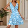Women's Summer Dress V Neck Sleeveless Casual Floral Print Hem Pleated Dress