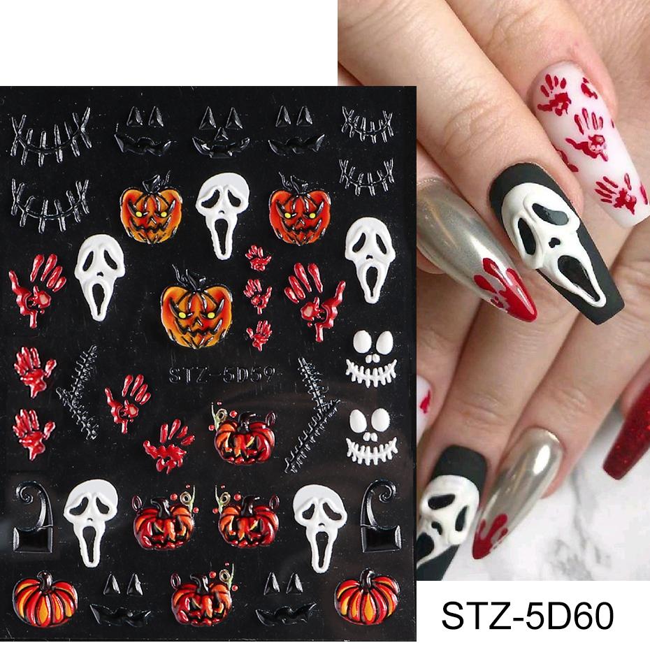 1 Pcs 5D Halloween Nail Art Sticker Spider Web Horror Eyes Face Pumpkin Nail Decal Embossed Design Slider Foil Nail Art
