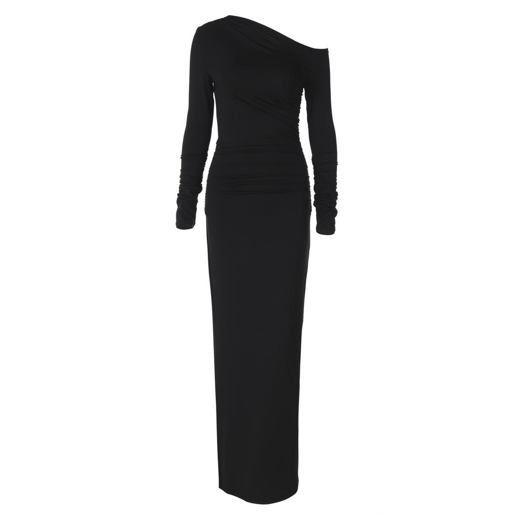 Women's Autumn Winter Solid Color Off-shoulder Long Sleeved Temperament Commuter Long Dress
