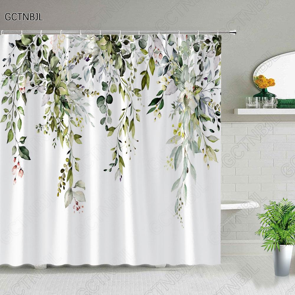 Tropical Palm Leaves Shower Curtain Set Green Plant Leaves Leaf Pumpkin Red Truck Halloween Christmas Decor Bathroom Curtains