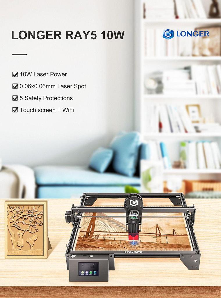 Refurbished:  LONGER RAY5 10W Laser Engraver, 0.06x0.06mm Laser Spot, Touch Screen, Offline Carving, 32-Bit Chipset, WiFi Connection