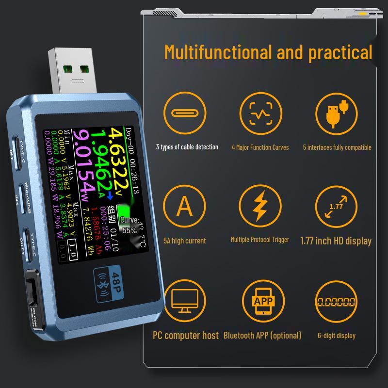 Детектор USB-зарядки FNIRSI-FNB48P: Мобильный вольтметр/амперметр постоянного тока для теста мощности быстрой зарядки