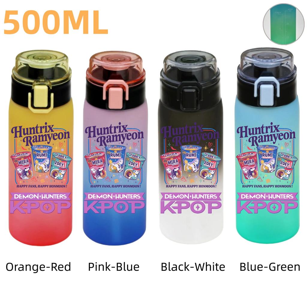 500ML KPop Demon Hunters Plastic Anime Water Cup Has Scale Travel Office Gym Hiking Portable Drink Bottles Outdoor Sport Gifts
