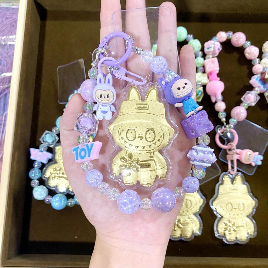 999 Pure Gold Labubu Cartoon Phone Lanyard Keychain & Bag Charm for Women