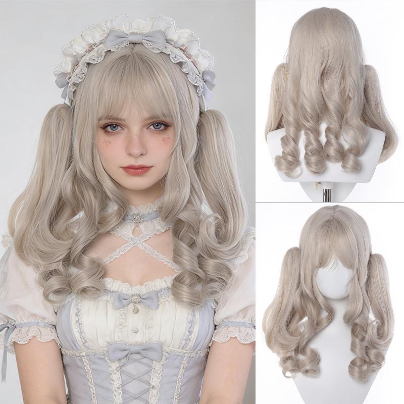 Light gray Roman curl loli hair clip twin ponytail full head wig