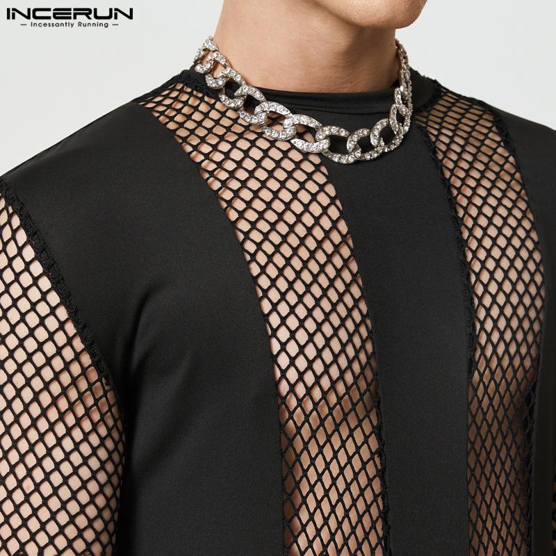 INCERUN Летний мужской черный сетчатый короткий комбинезон с вышивкой
