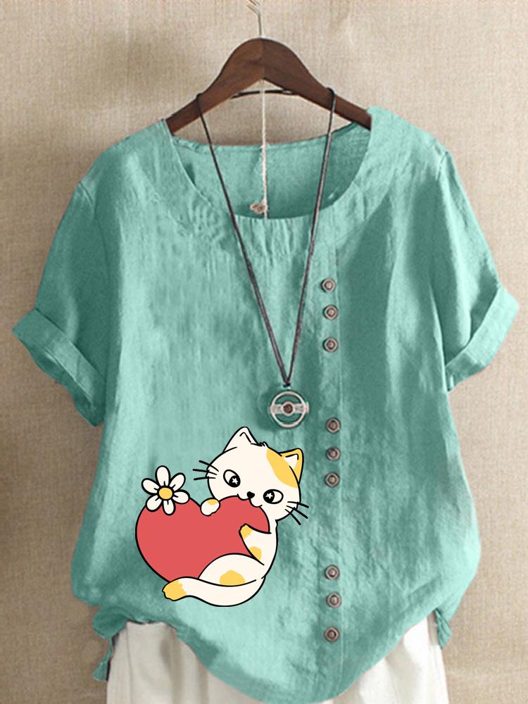 Women's Fashion Love Cat Print Round Neck Short Sleeve T-shirt Casual Cotton Linen Graphic Shirt Leisure Loose Summer Blouse Tops