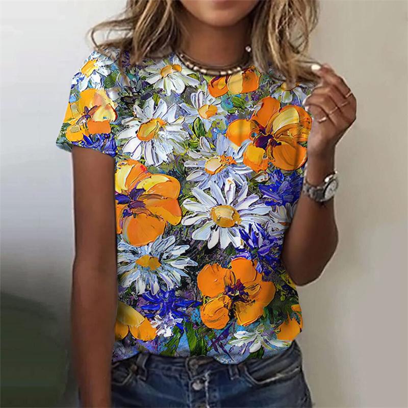 3D Printed Flower T Shirt For Women Floral Graphic Short Sleeves Summer Fashion Street O-Neck Tees Tops Loose Oversize T-Shirts