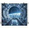 2D flat banner 1 piece - futuristic sci-fi photography background - design of space capsule corridor