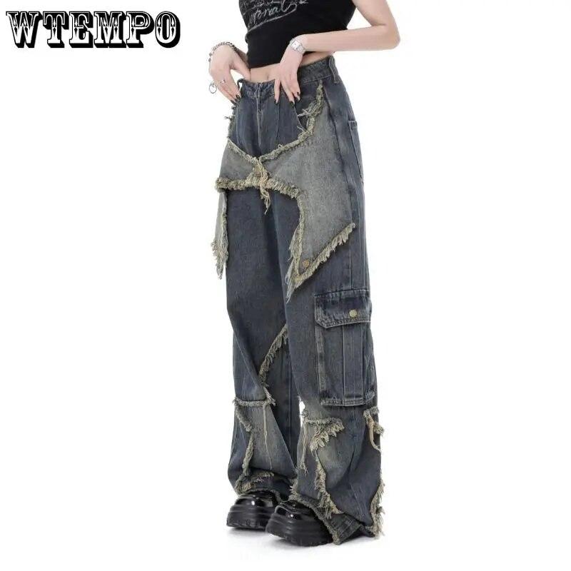 WTEMPO Винтажные женские джинсы с высокой талией, уличная одежда, рваные женские широкие брюки, повседневные прямые джинсовые брюки в американском стиле с кисточками
