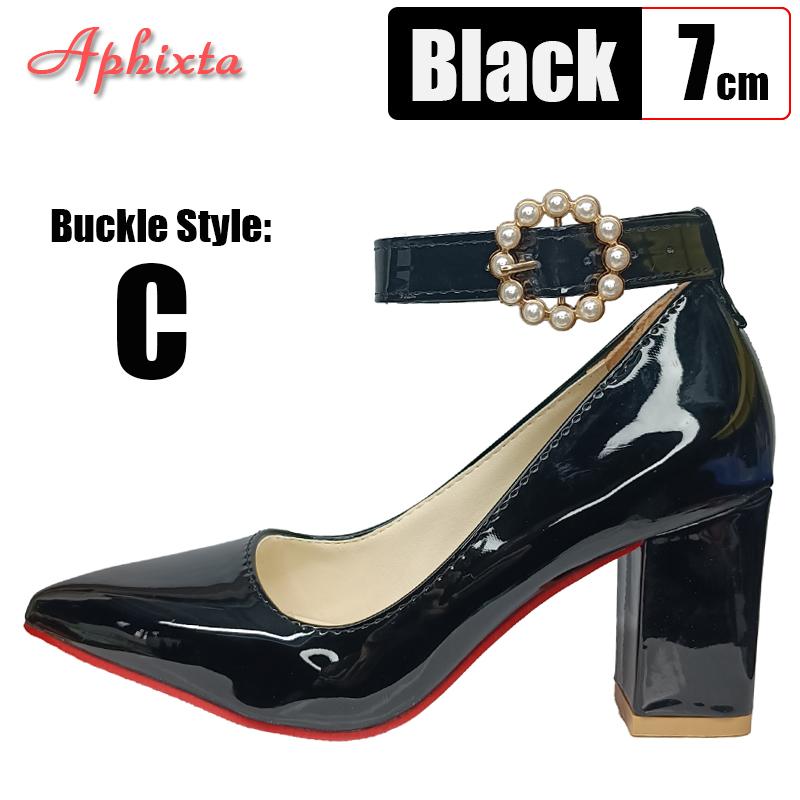 Aphixta Супер Большой Размер 51 52 53 Лакированная Кожа 7см Массивный Каблук Официальные Туфли-Лодочки 2см Пряжка Ремень Острый Носок Женские Черные Туфли
