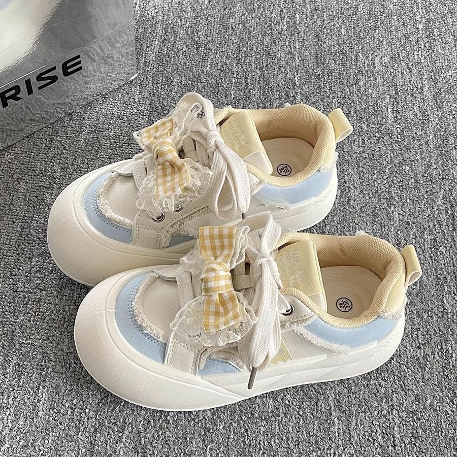 Dopamine bow big head board shoes женские весенние 2025 новые универсальные туфли на платформе белые туфли хлебные туфли