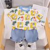 Комплект детской одежды, летняя дышащая футболка с рисунком динозавра для мальчика, полный принт, шорты с короткими рукавами и эластичной резинкой на талии, комплекты топ + шорты