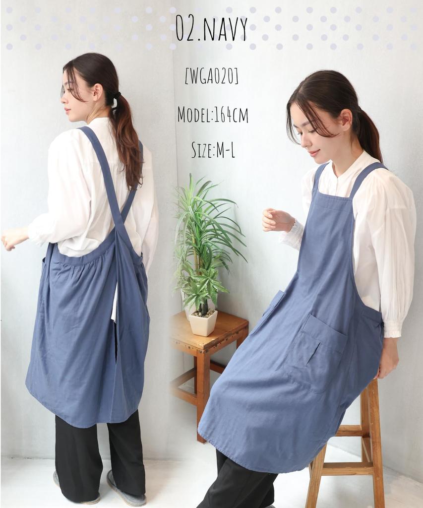Stylish and cute easy to slip cotton double soft and design women's apron, on, 100% gauze, lightweight, back-cross (Navy 2/wga020)