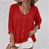 Women's Fashion Casual Solid Color V-Neck Live Button Seven Sleeve T-Shirt Top