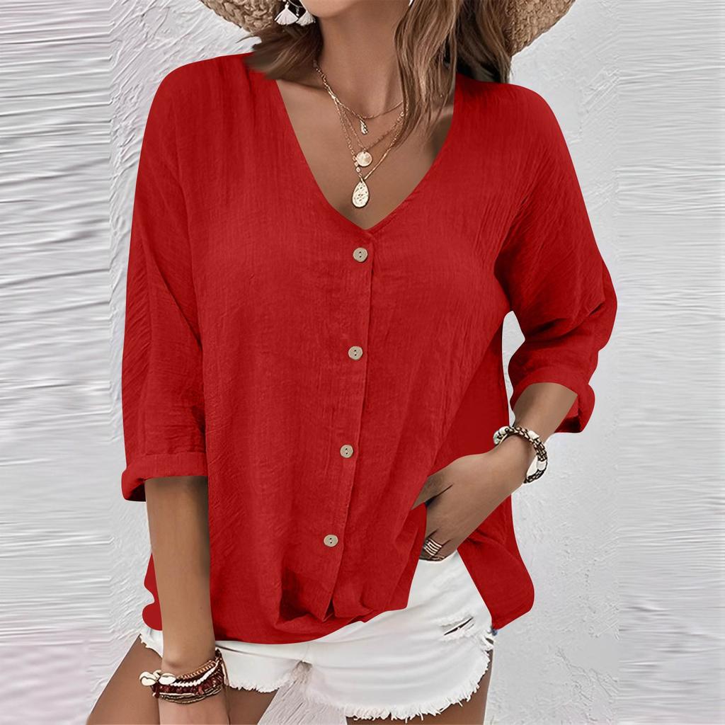 Women's Fashion Casual Solid Color V-Neck Live Button Seven Sleeve T-Shirt Top