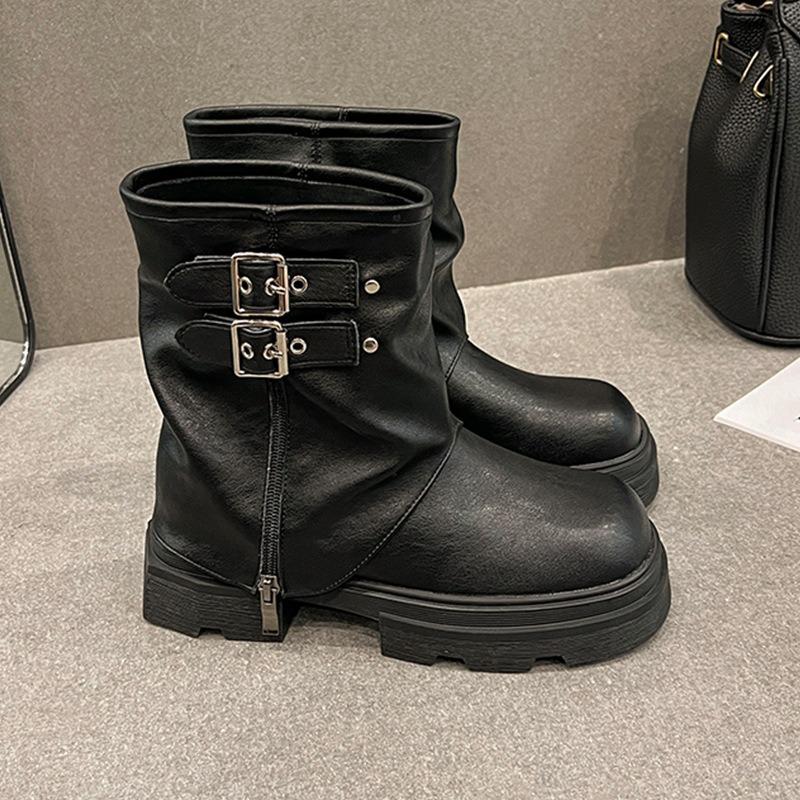 Версия из коровьей кожи~ Новые маленькие ботинки на круглой подошве, увеличивающие рост, женские ботильоны, короткие ботинки Мартин, женские ботинки на толстой подошве, ботинки рыцаря